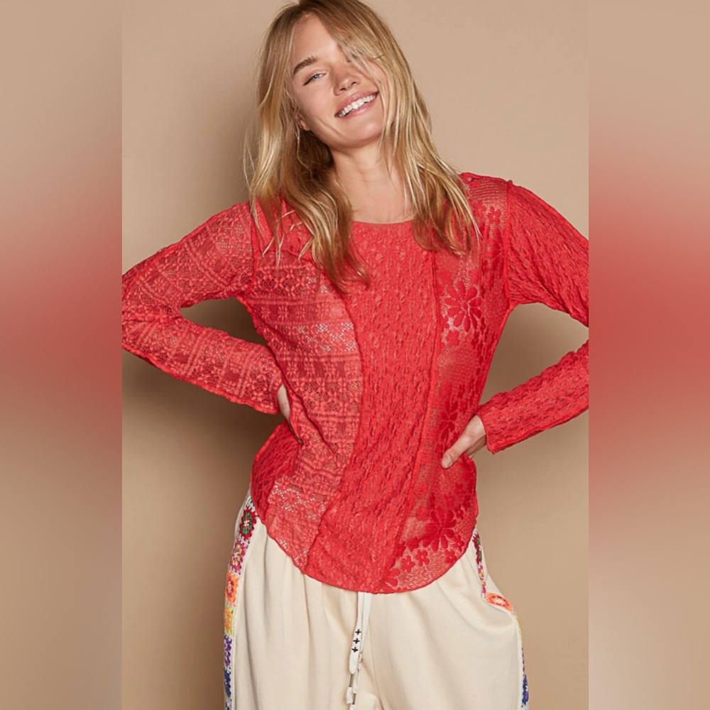 POL Exposed Seam Long Sleeve Lace Knit Top in Real Red NWT Women’s Small Boho